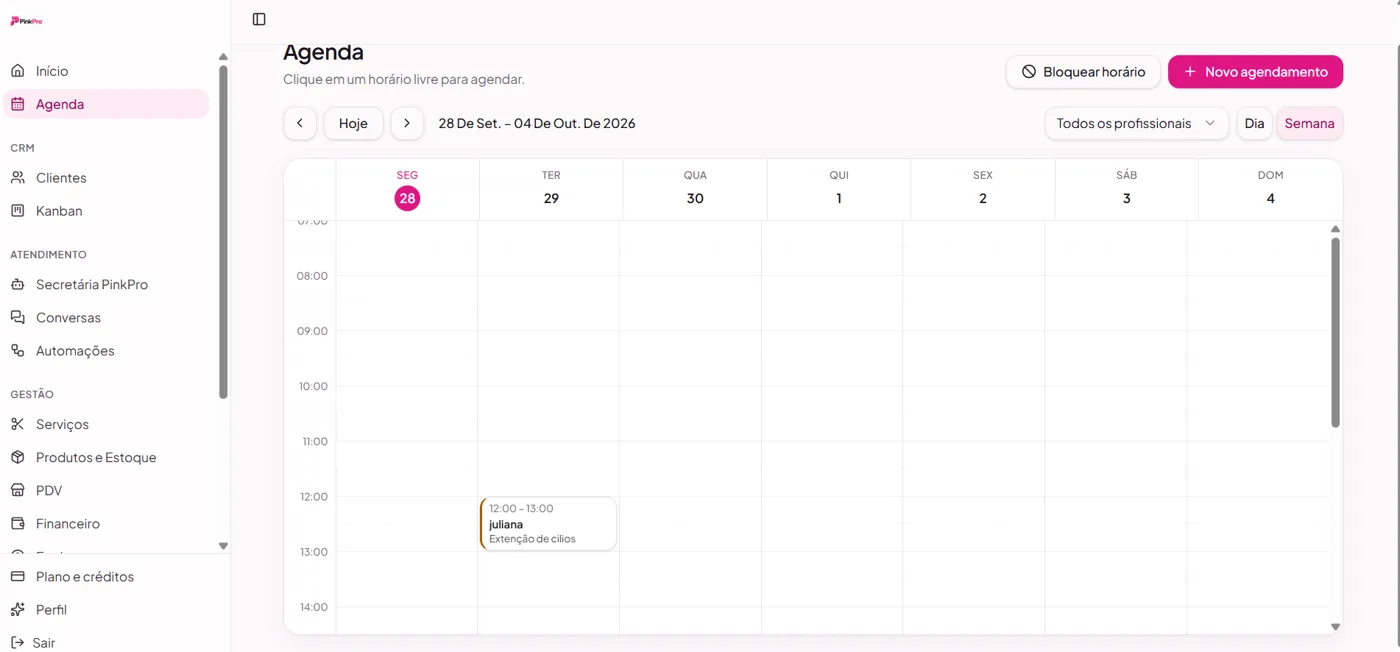 Tela do Pink Pro: agenda semanal de atendimentos do salão