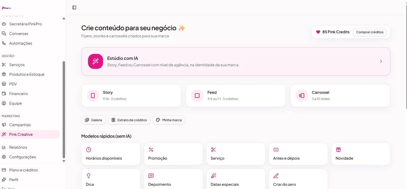 Tela do Pink Pro: Pink Creative, estúdio que cria stories, posts e carrosséis com IA