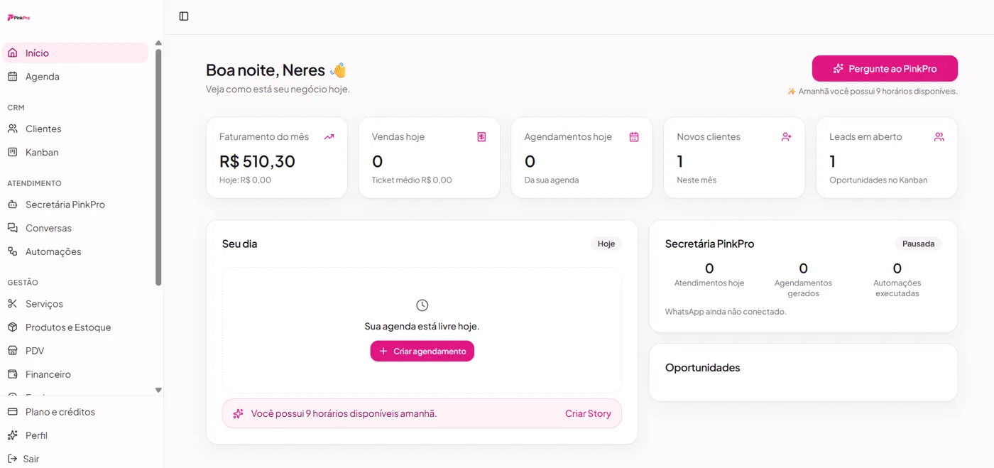 Tela do Pink Pro: painel inicial com faturamento, agendamentos e novos clientes