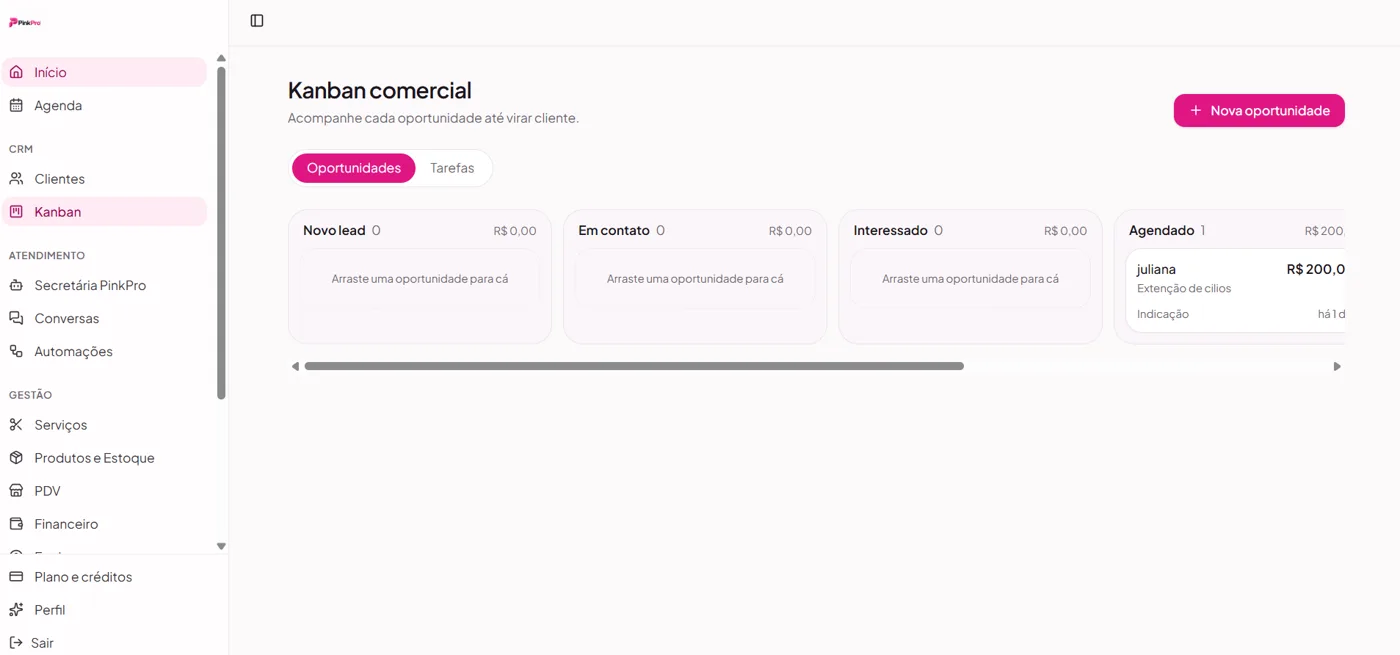 Tela do Pink Pro: kanban comercial com oportunidades de venda