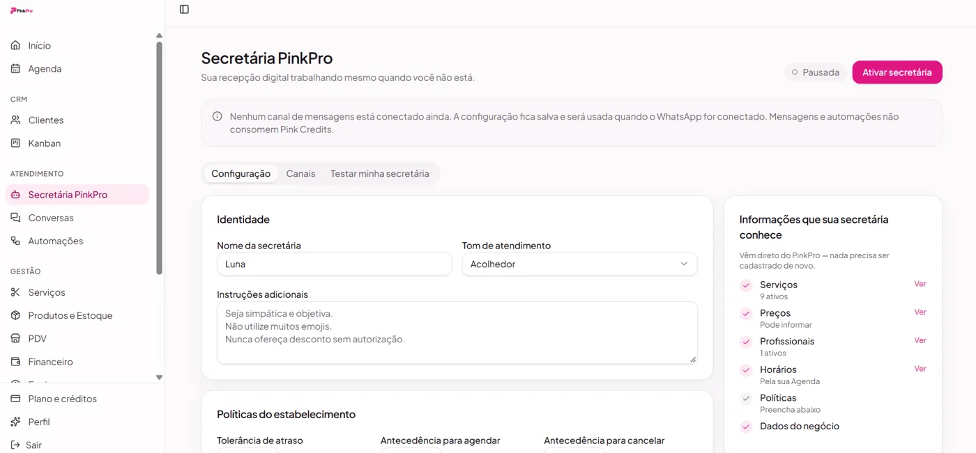 Tela do Pink Pro: configuração da Secretária PinkPro, atendente com IA no WhatsApp
