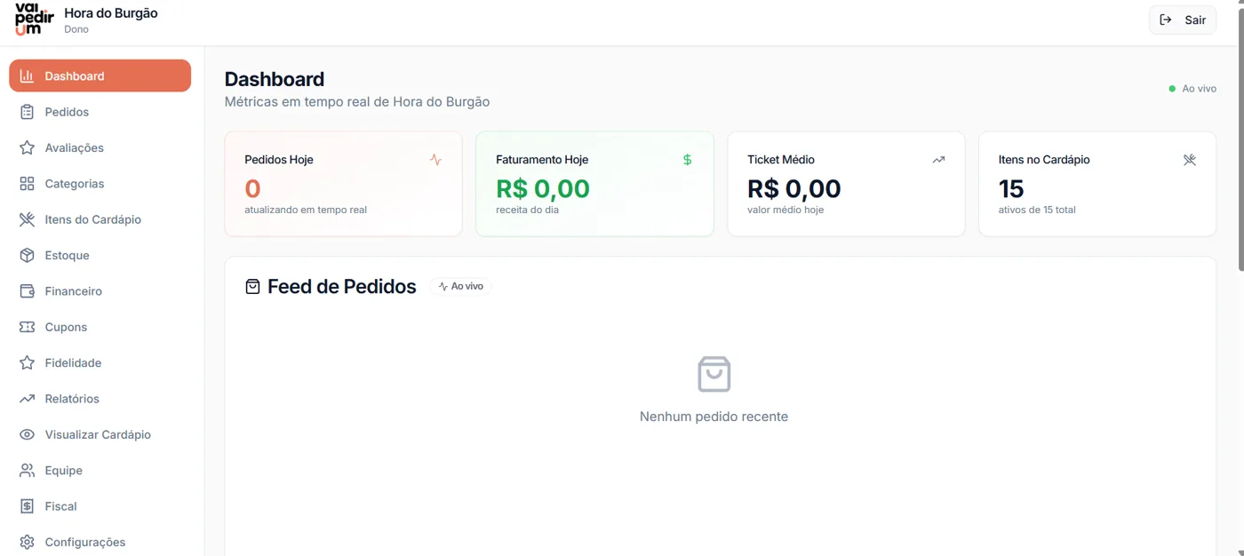 Vai Pedir Um: dashboard do dono com pedidos, faturamento e ticket médio em tempo real